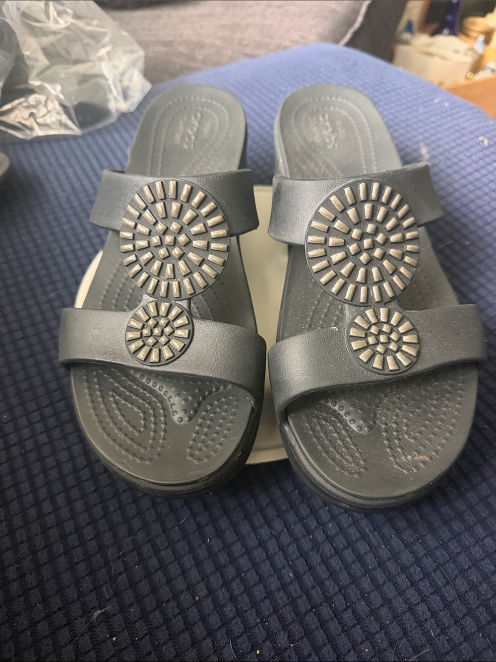 CROCS Black Double-Strap Slide Sandals with Decorative Medallions